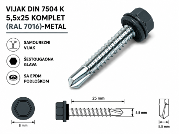 VIJAK DIN 7504 K 5,5x25 KOMPLET (RAL 7016)-METAL